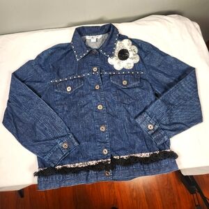 Denim Jacket Josphine Chaus Women's Small Blue Jean Black Fringe Flower